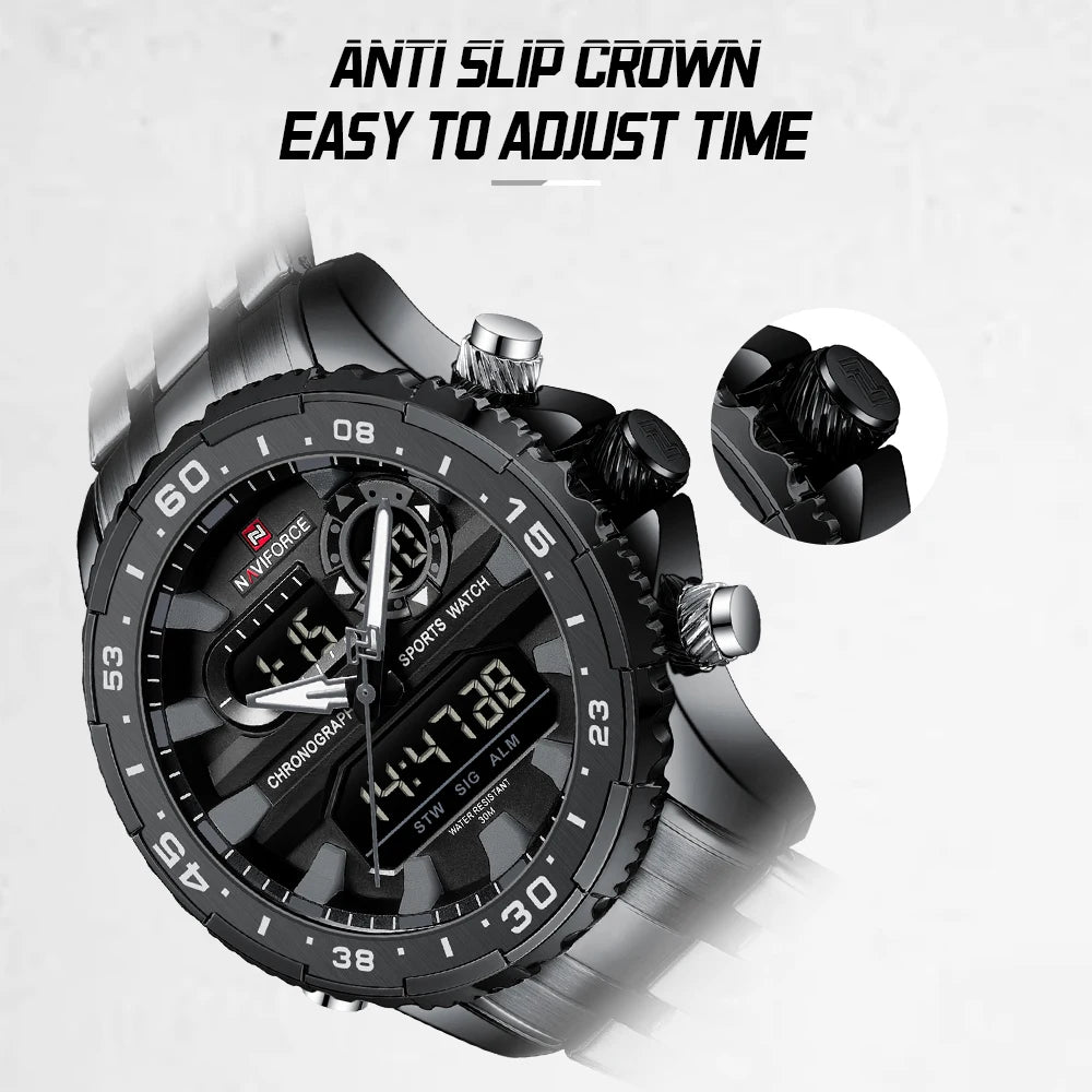 NAVIFORCE Men's Watch Quartz Analog LCD Digital Wristwatch Male Stainless Steel Strap Water Resistant Date Clock Package Gifts