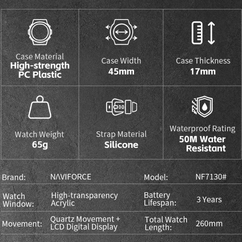NAVIFORCE Quartz Dual Display Wristwatch for Men 50M Waterproof Silicone Band Multifuntion Clock Male Fashion Daily Sports Watch