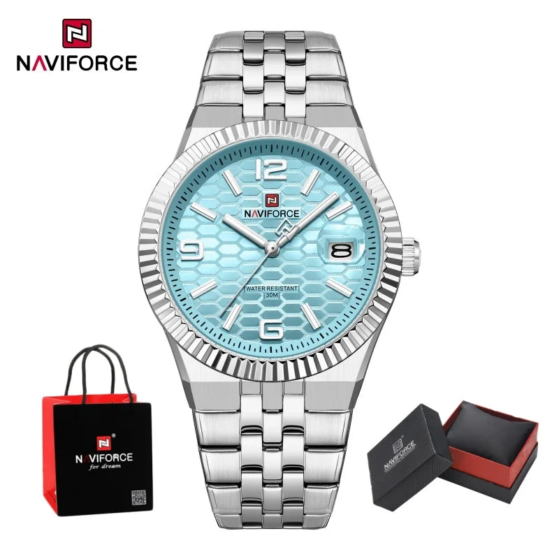 NAVIFORCE Men Watches Quartz Auto Date 3ATM Waterproof Stainless Steel Classic Male Luxury Fashion Business Wristwatch Gift Box