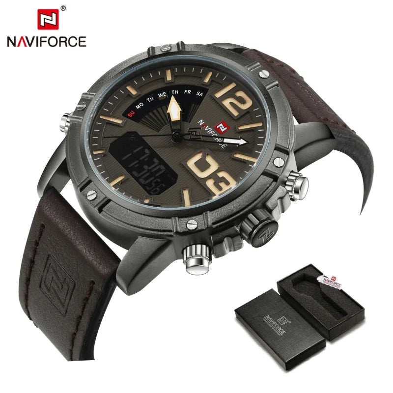 NAVIFORCE Luxury Brand Men's Sport Watches Men Dual Display LED Digital Waterproof Leather Strap Quartz Military Watch Man Clock