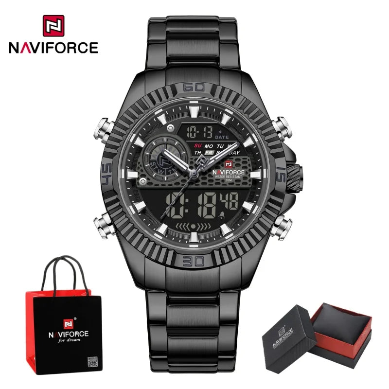 NAVIFORCE Men Watches Quartz Dual Display Waterproof Stainless Steel Male Luxury Fashion Business Outdoor Wristwatch Gifts Box