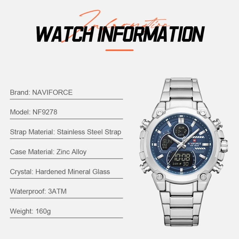 NAVIFORCE Watch For Men Stainless Steel Sport Casual Fashion Dual Display Sport Multifunction Chronograph men Waterproof Watch