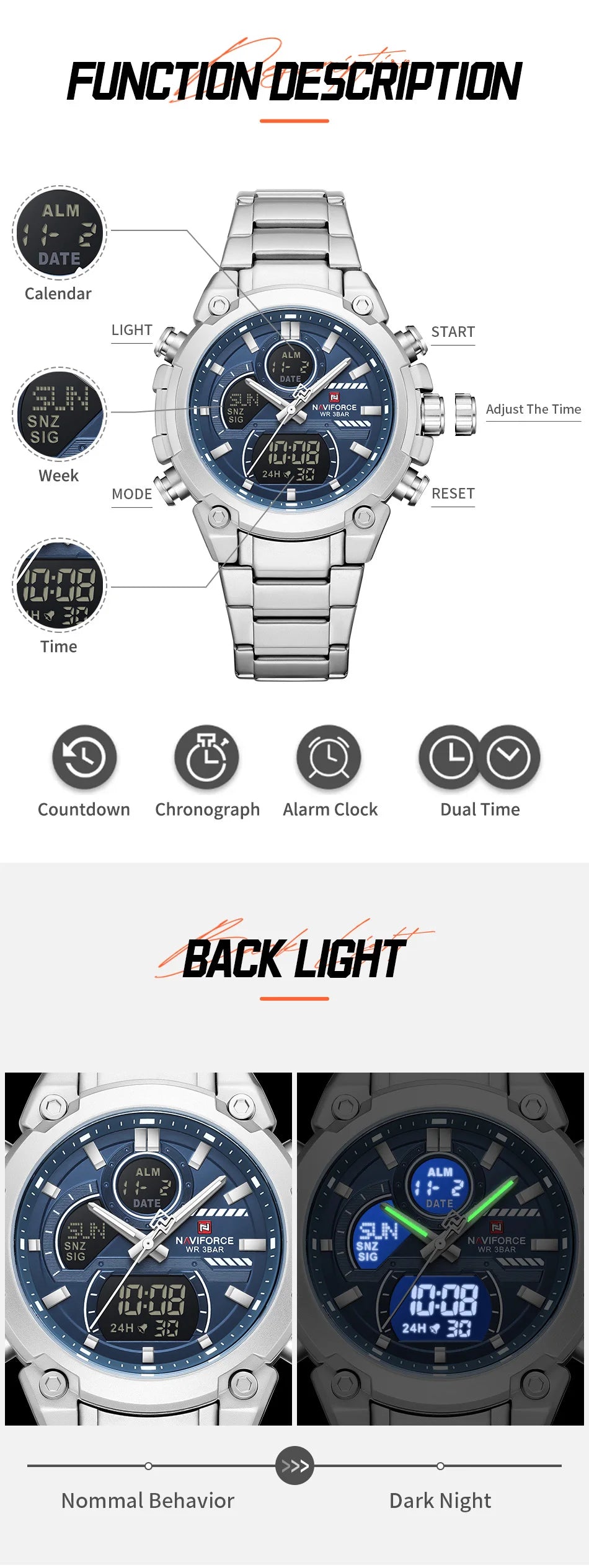 NAVIFORCE Watch For Men Stainless Steel Sport Casual Fashion Dual Display Sport Multifunction Chronograph men Waterproof Watch