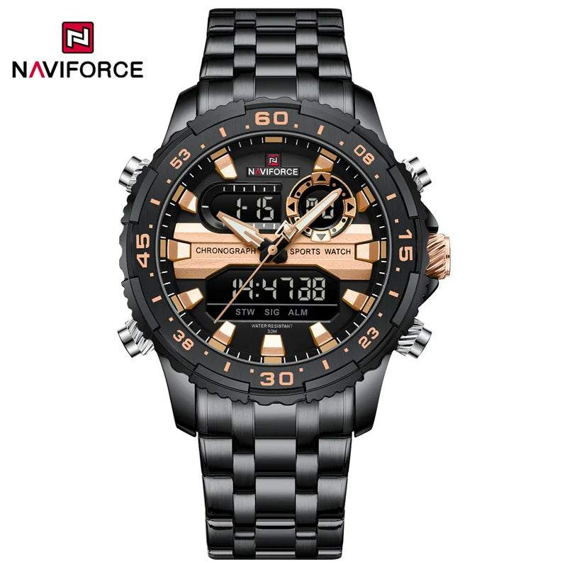 NAVIFORCE Men's Sports Alarm Watch Waterproof Chronograph Quartz Movement Steel Band Digital Date Week Display Wristwatches Gift