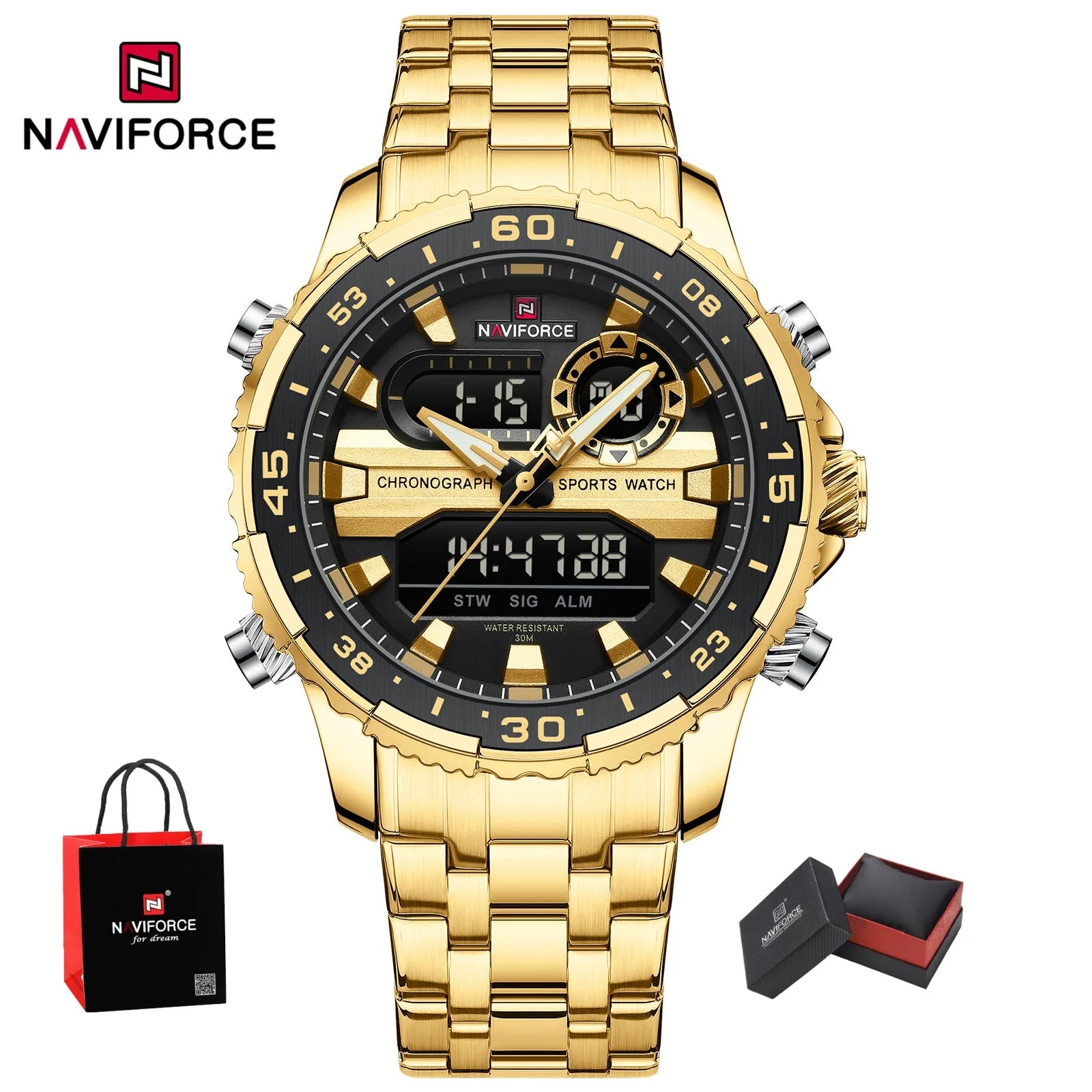 NAVIFORCE Men's Watch Quartz Analog LCD Digital Wristwatch Male Stainless Steel Strap Water Resistant Date Clock Package Gifts
