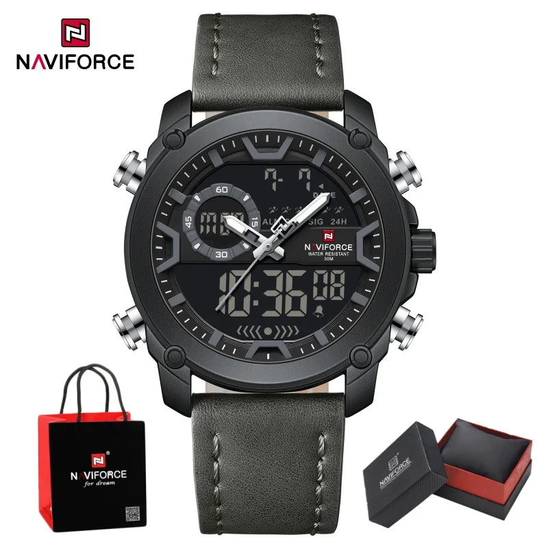 NAVIFORCE Man's Watch Quartz Dual Display Waterproof Leather Strap Alarm Male Simple Fashion Business Casual Wristwatch Gift Box