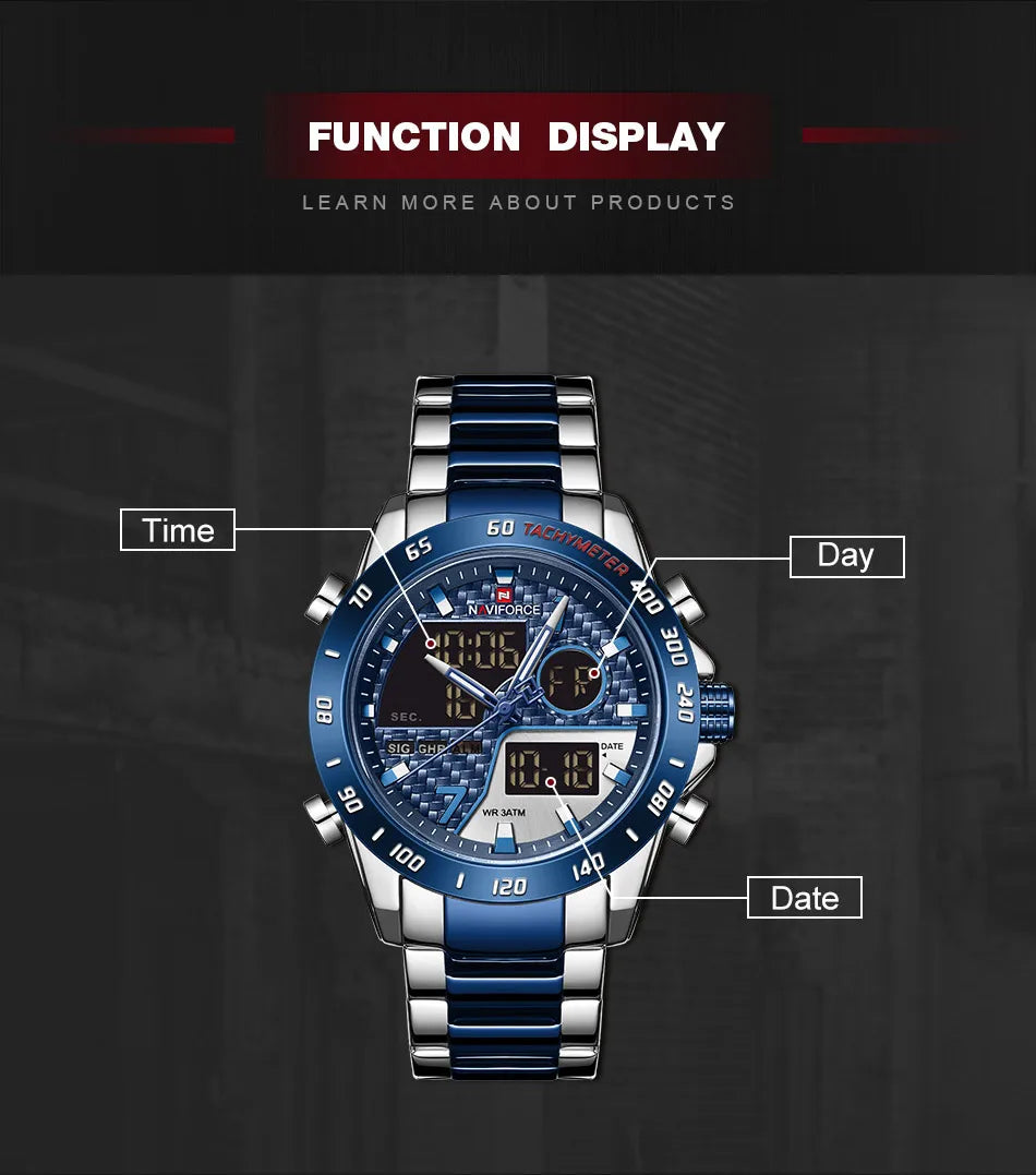 NAVIFORCE Male Quartz Dual Display Clocks Waterproof Luminous Stainless Steel Strap Watches Men Mature Style Wristwatch Gift Box