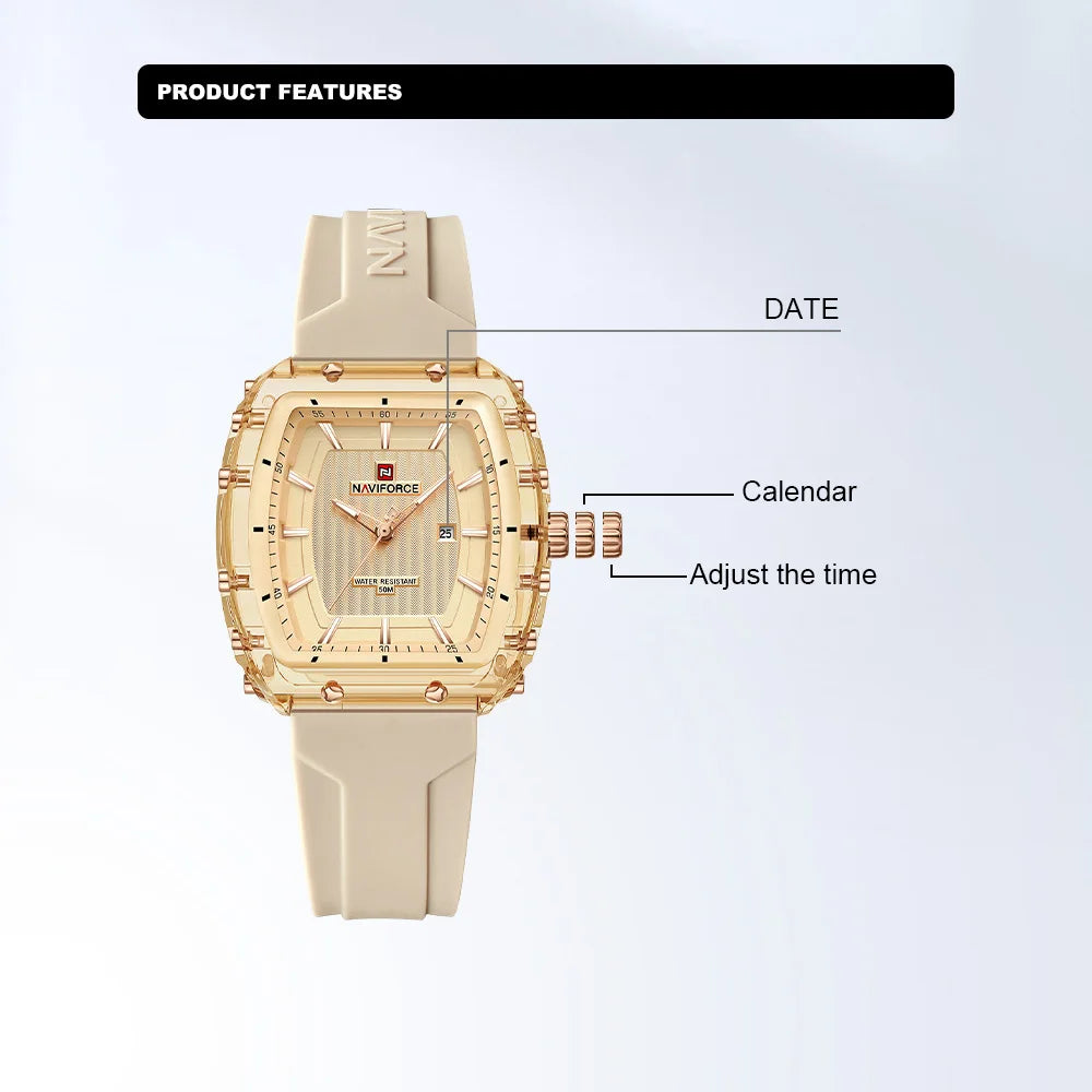 NAVIFORCE Woman's Watch Quartz Calendar 5ATM Waterproof Silica Strap Elegant Ladies Luxury Stylish Simple Wristwatch Gift Box