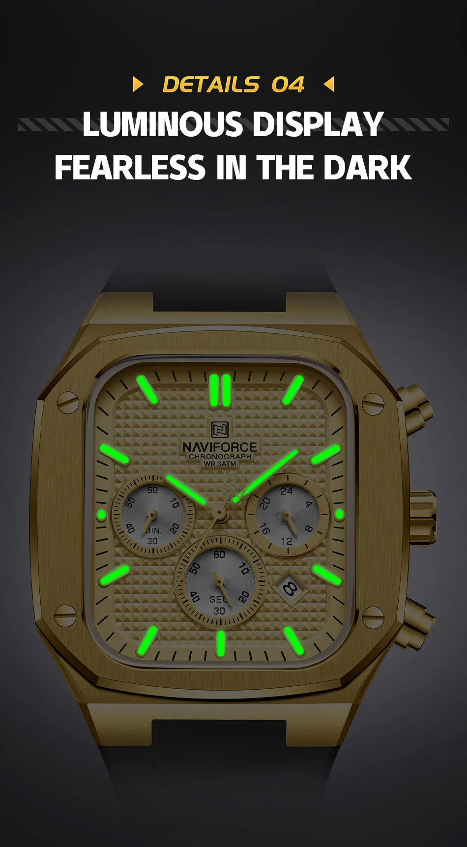 NAVIFORCE Men's Luxury Gold Watch Fashion Silicone Strap Quartz Movement Waterproof Square Wristwatch with Luminous Hands And Da