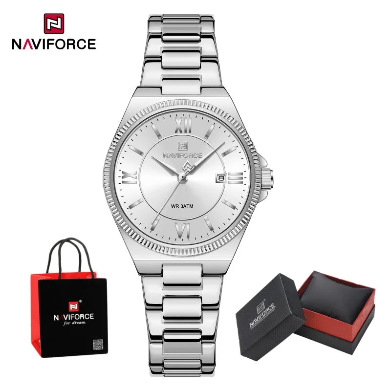 NAVIFORCE Women's Quartz Watch 3ATM Waterproof Date Display Stainless Steel Fashion for Daily Dress Lady Wristwatch Gifts Box