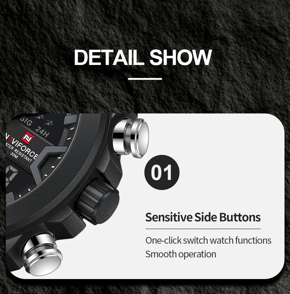 NAVIFORCE Men Watch Business Casual Fashion Dual Display Sport Genuine Strap Alarm Mode Quartz Wristwatch Man Waterproof Watch