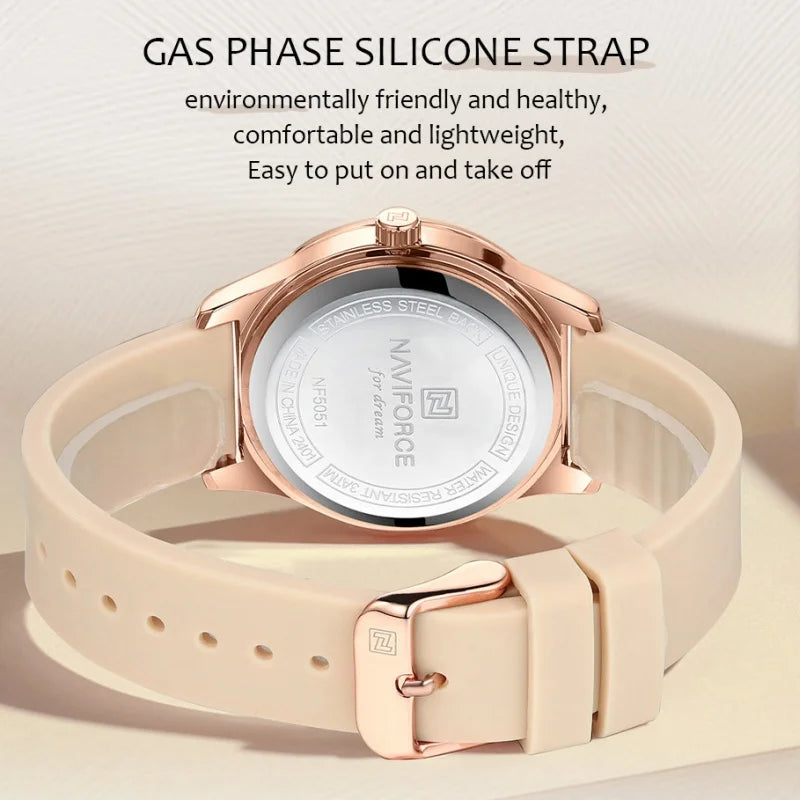 NAVIFORCE Women Simple Fashion Wristwatch Quartz 3ATM Waterproof Comfortable Silicone Strap Female Exquisite Wristwatch Gift Box