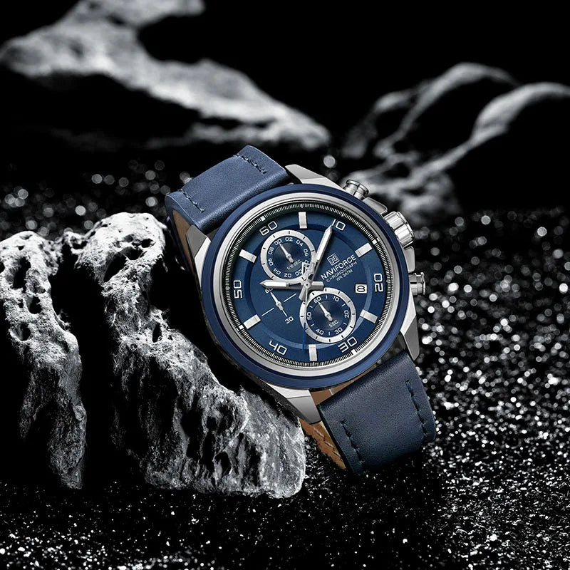 NAVIFORCE Brand Watches For Men Genuine Leather Band Chronograph Quartz Wristwatches Casual Sport 30m Waterproof Male Gift Clock