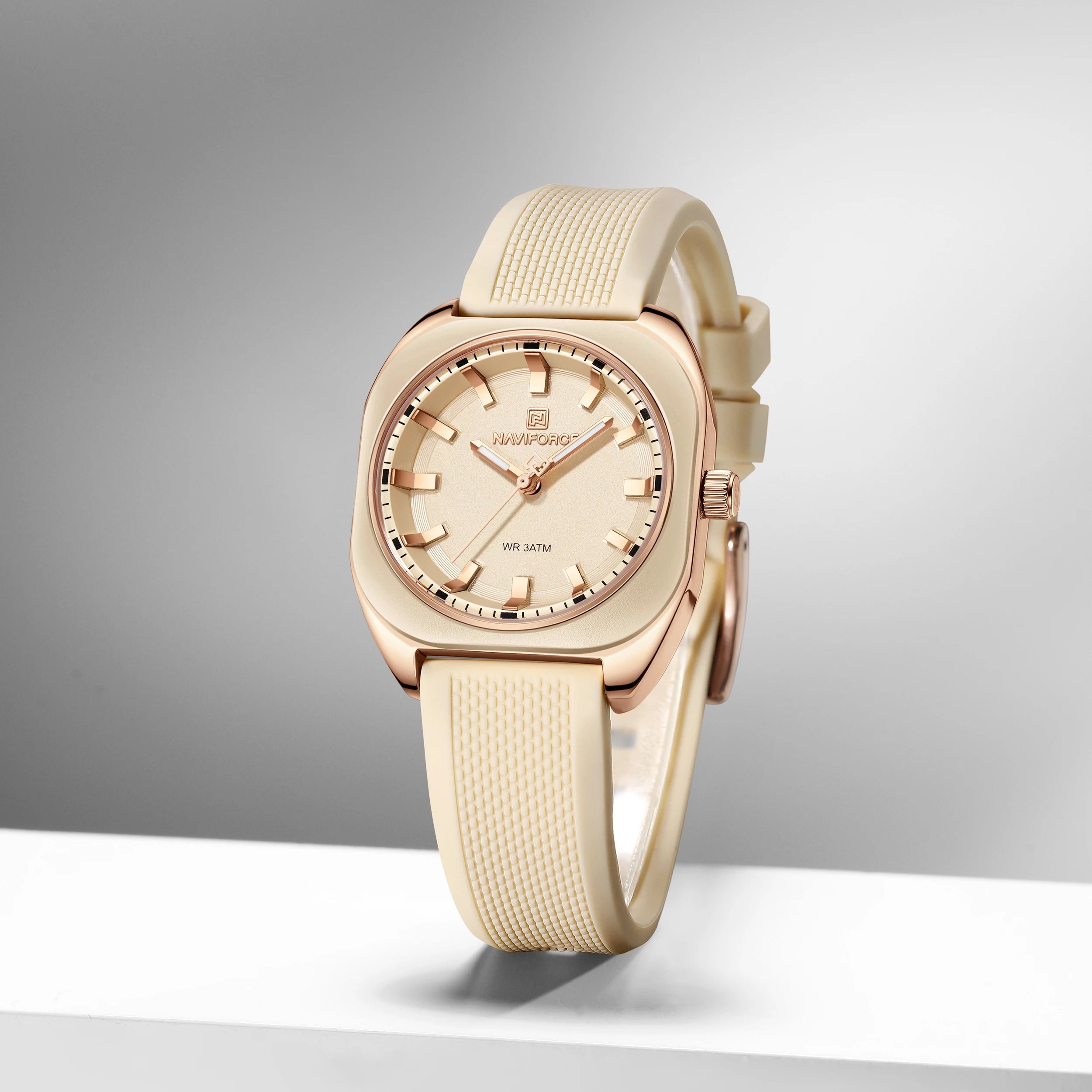 NAVIFORCE Womens Square Quartz Watch 3ATM Waterproof Luminous Silicone Strap Casual Fashion Dress Elegant Wristwatch Gifts Box