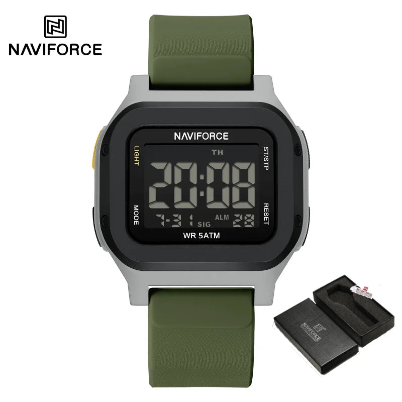 High Quality NAVIFORCE Men's Sport Wristwatch LCD Display 50m Waterproof Alarm Stopwatch BackLight Unique Square Case Gift Clock