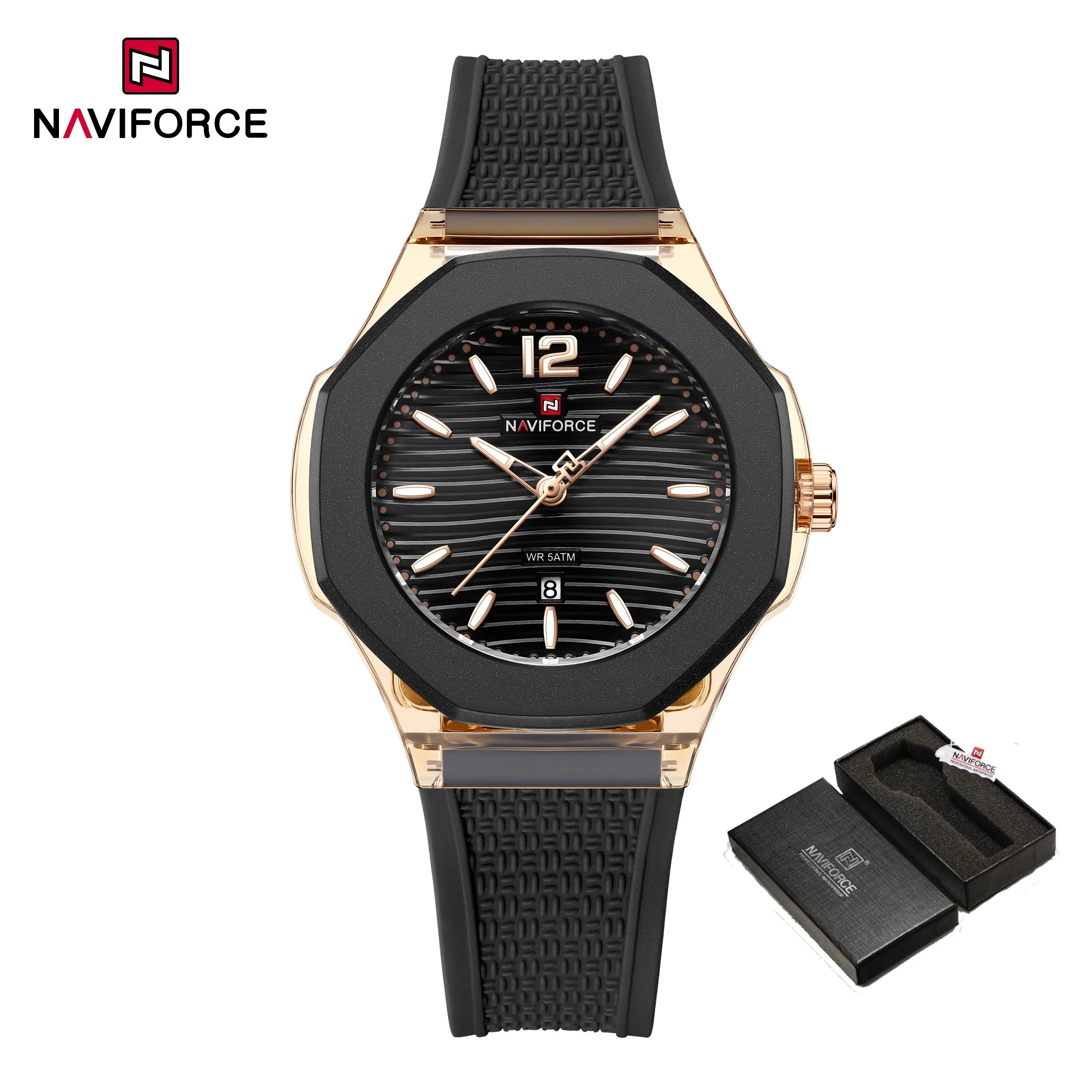 NAVIFORCE Fashion Watch for Women 5ATM Waterproof Silicone Strap Auto Date Display Night Illumination Ladies Elegant Watch Gift