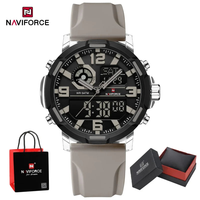 NAVIFORCE Men Dual Display Watch Alarm Clock 50M Waterproof Chronograph Stylish Novel Teenager Outdoor Sport Wristwatch Gift Box