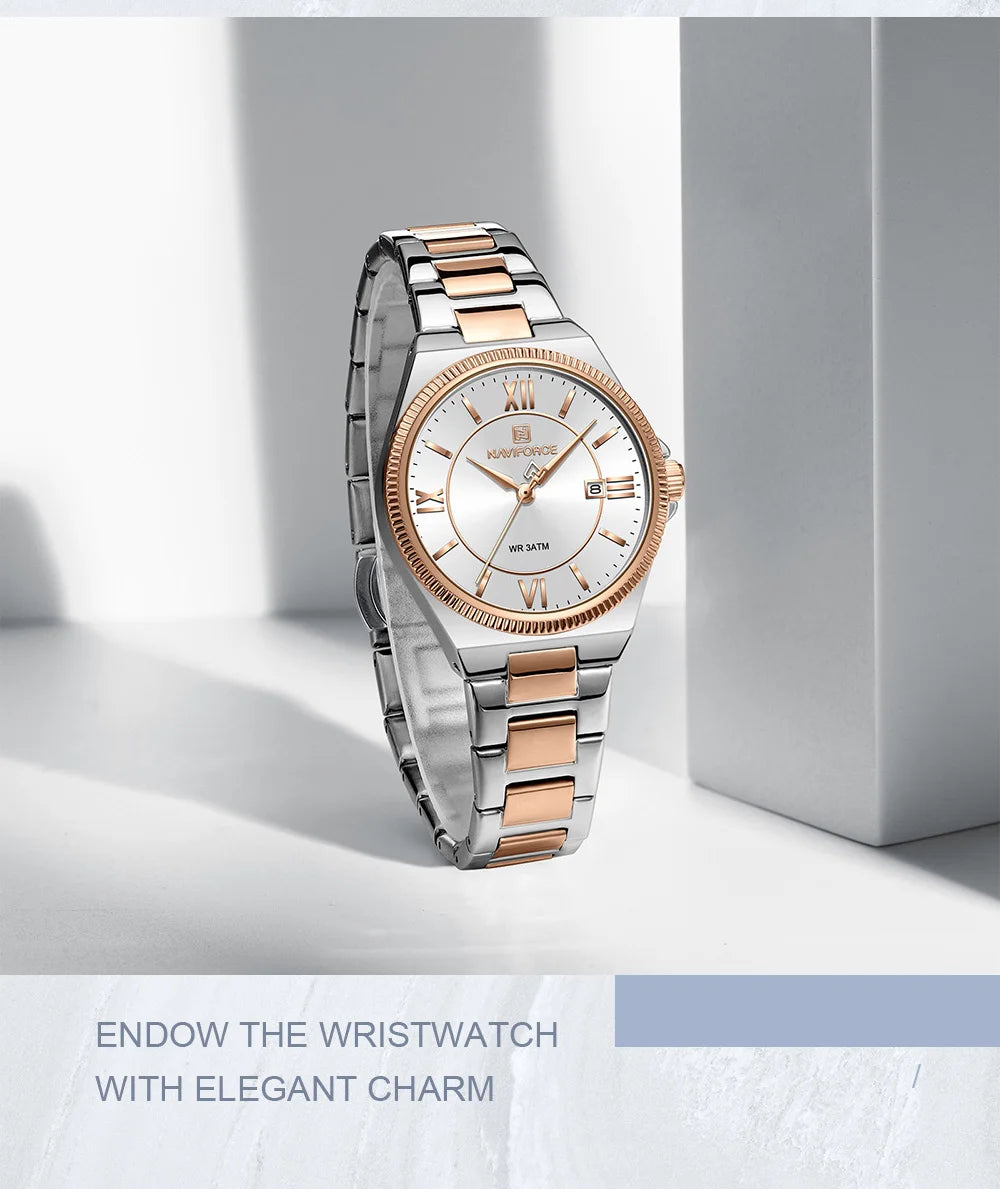 NAVIFORCE 2026 Women's Sports Luxury Quartz Wristwatch 3ATM Waterproof Stainless Steel with Calender Casual Fashion for Gift