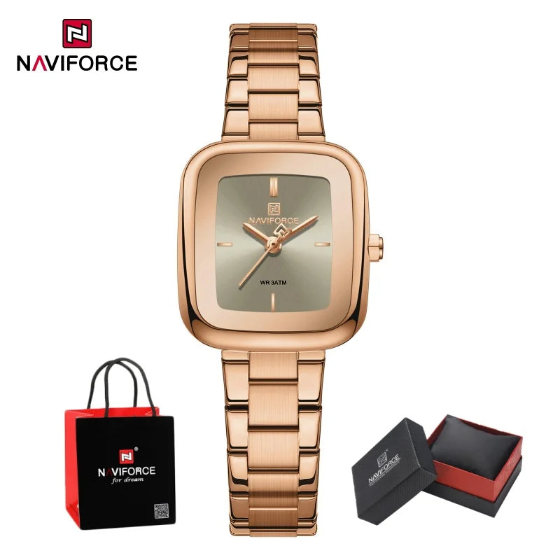 NAVIFORCE Square Watches for Women 3ATM Waterproof Stainless Steel Fashion Ultra Light Girls' Watch Wristwatch Gift Box for Lady