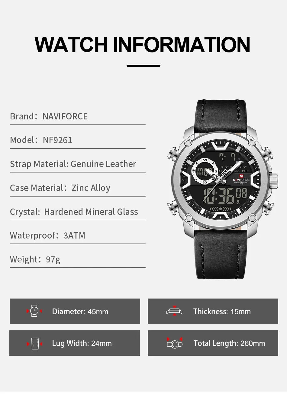 NAVIFORCE Mens Watch Original Simple Brand Quartz Watch Japan Movement Genuine Band Luminous Dual Display Watches For Men Gifts