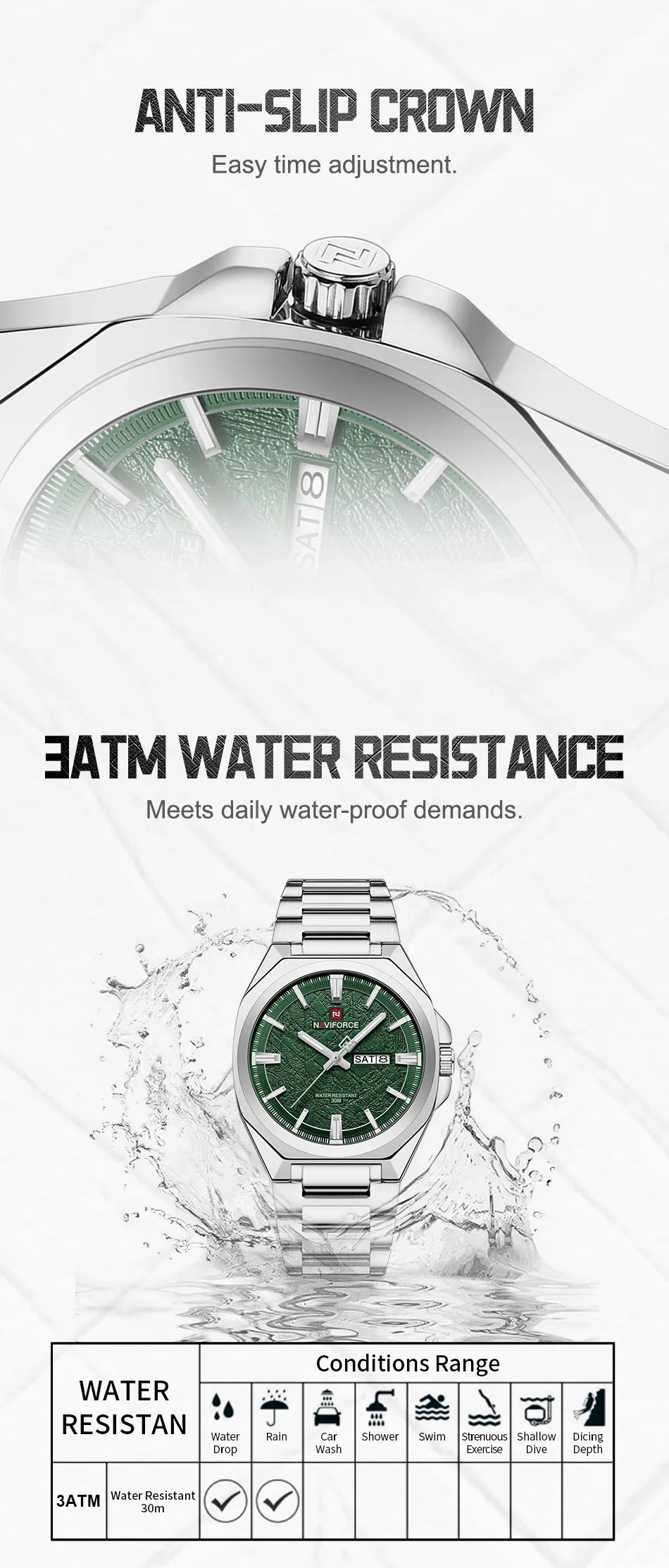 NAVIFORCE Men's Watch Quartz Calendar Week Display Waterproof Luminous Steel Band Male Trendy Outdoor Business Wristwatch NF9273