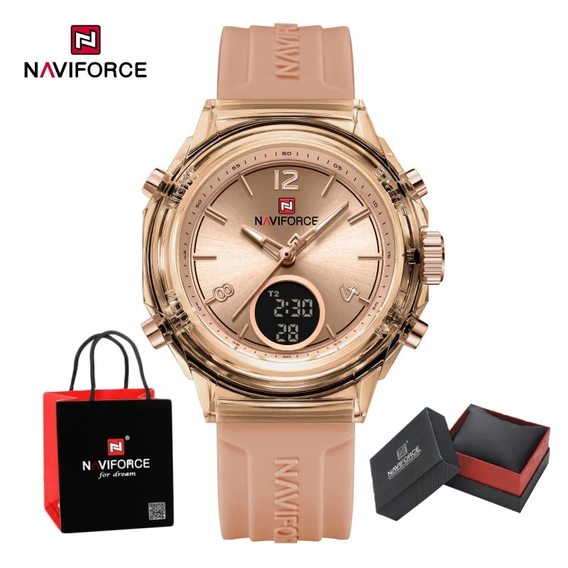 NAVIFORCE Quartz Wristwatches Dual Time Display Top Brand Women's Watch Outdoor Sports Waterproof Watches Rubber Package Gifts
