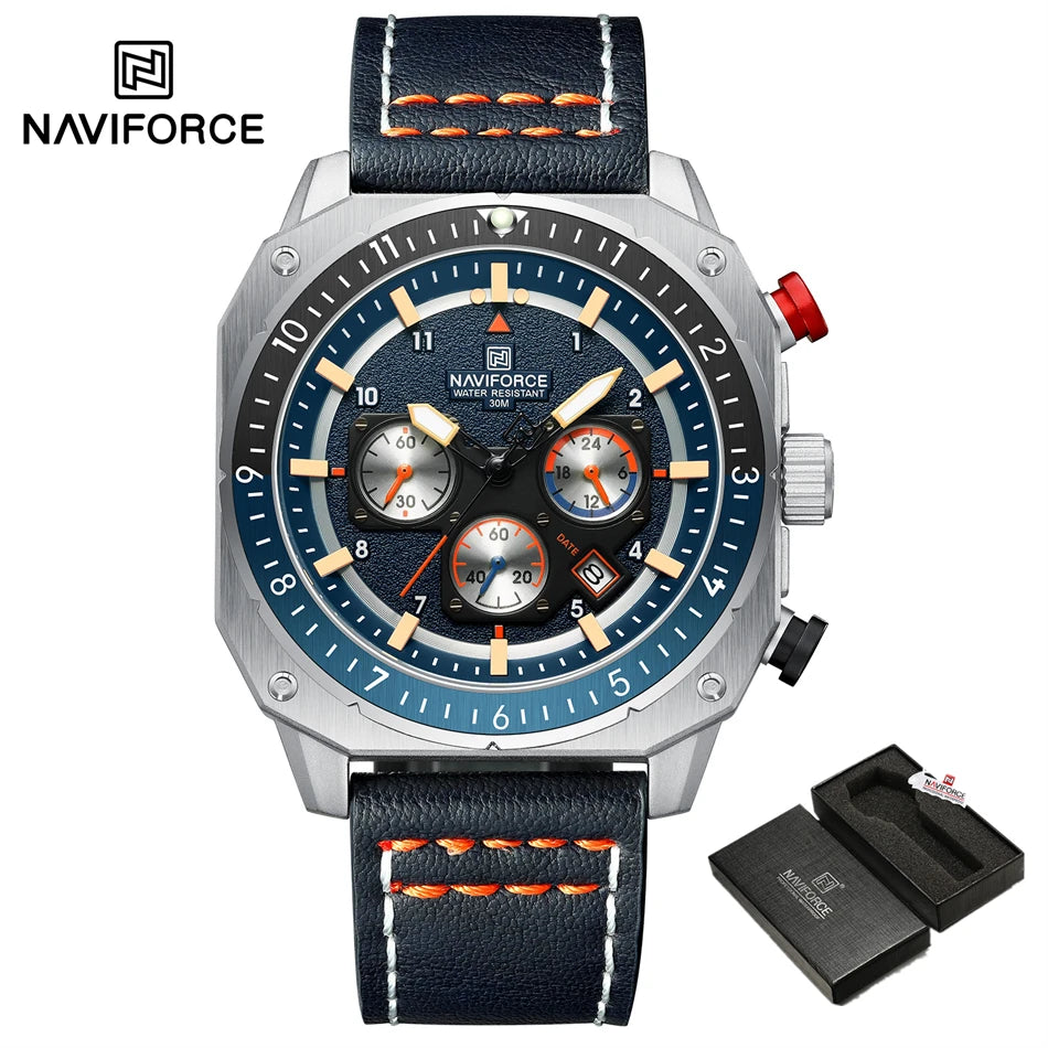NAVIFORCE Sports Multifunction 24 Hours Date Display Waterproof Watch for Men Fashion Leather Quartz Analog Luminous Wrist Watch