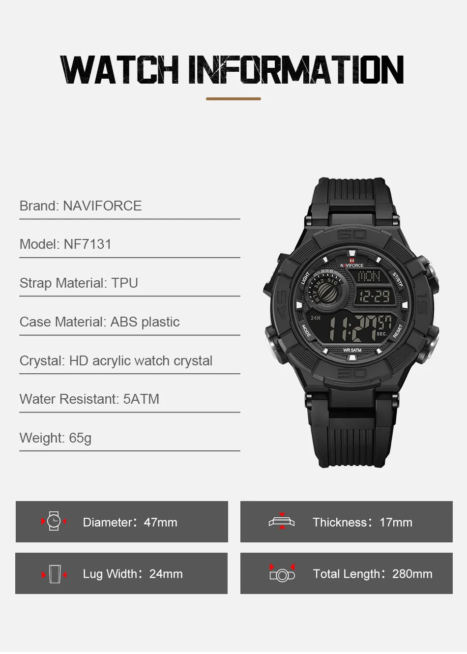 NAVIFORCE Man's Watch LCD Digital NF7131 Original Design Luminous Big Dial TPU Strap Outdoor Wristwatch Gift Box for Students