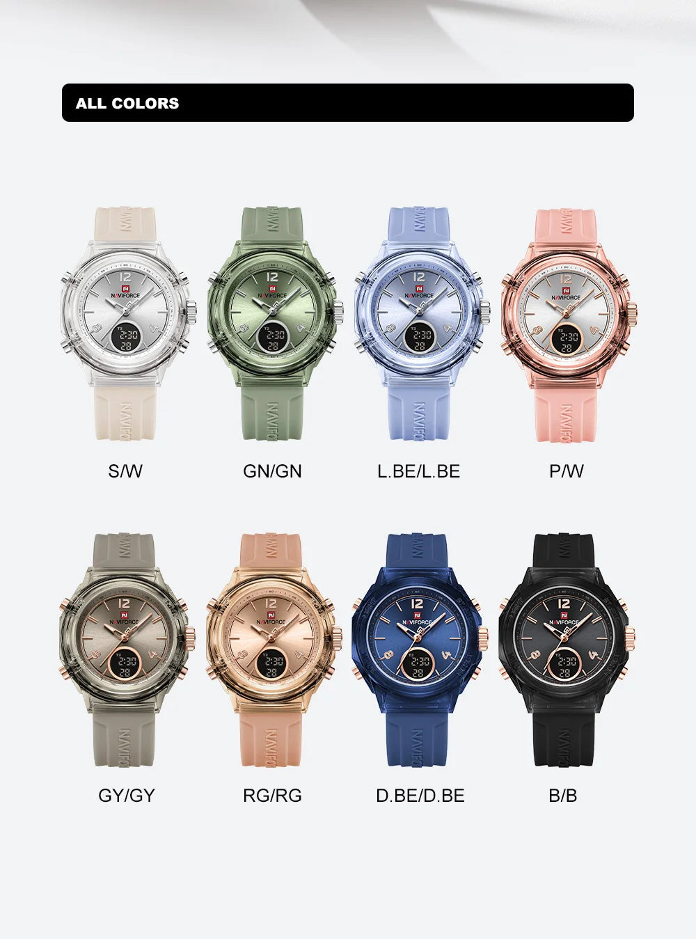 NAVIFORCE Sport Watches Women 50M Waterproof Lady Watch Lover Gifts Dual Time Display Wristwatch Digital LED Back Light Clock
