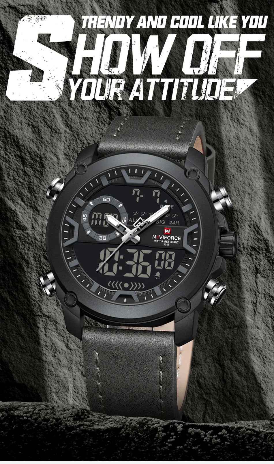 NAVIFORCE Men Watch Business Casual Fashion Dual Display Sport Genuine Strap Alarm Mode Quartz Wristwatch Man Waterproof Watch