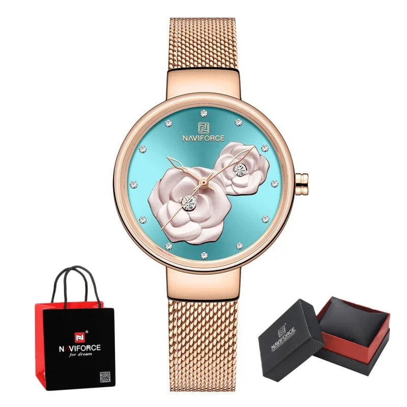 NAVIFORCE Woman's Quartz Watch Steel Band Creative Design Female Luxury Dress Clock Relogio Feminino Wristwatch Gift Box NF5013