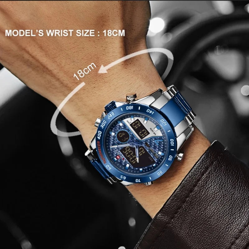 NAVIFORCE Male Quartz Dual Display Clocks Waterproof Luminous Stainless Steel Strap Watches Men Mature Style Wristwatch Gift Box