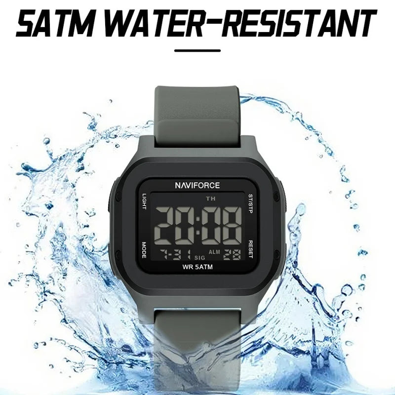High Quality NAVIFORCE Men's Sport Wristwatch LCD Display 50m Waterproof Alarm Stopwatch BackLight Unique Square Case Gift Clock