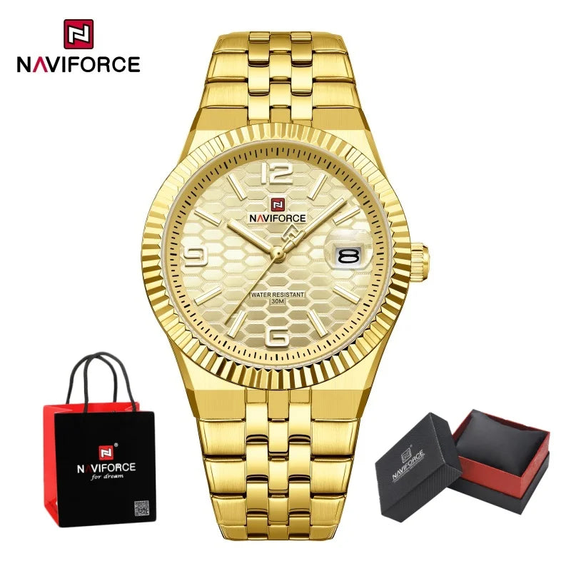 NAVIFORCE Men Watches Quartz Auto Date 3ATM Waterproof Stainless Steel Classic Male Luxury Fashion Business Wristwatch Gift Box