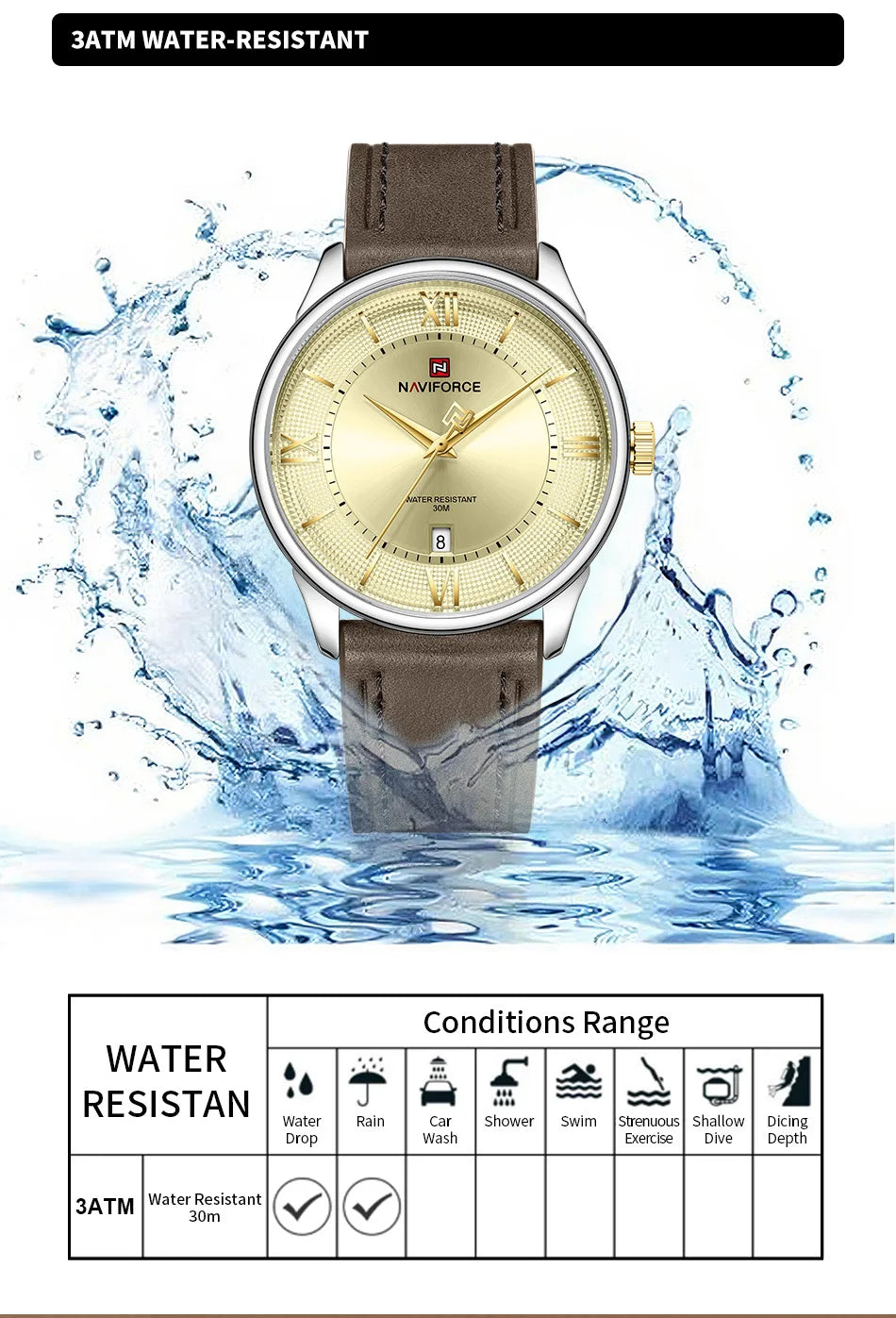 NAVIFORCE Watches For Men Quartz Sports Genuine Leather Strap 3ATM Waterproof Luxury Business Wristwatches Gift for Male New