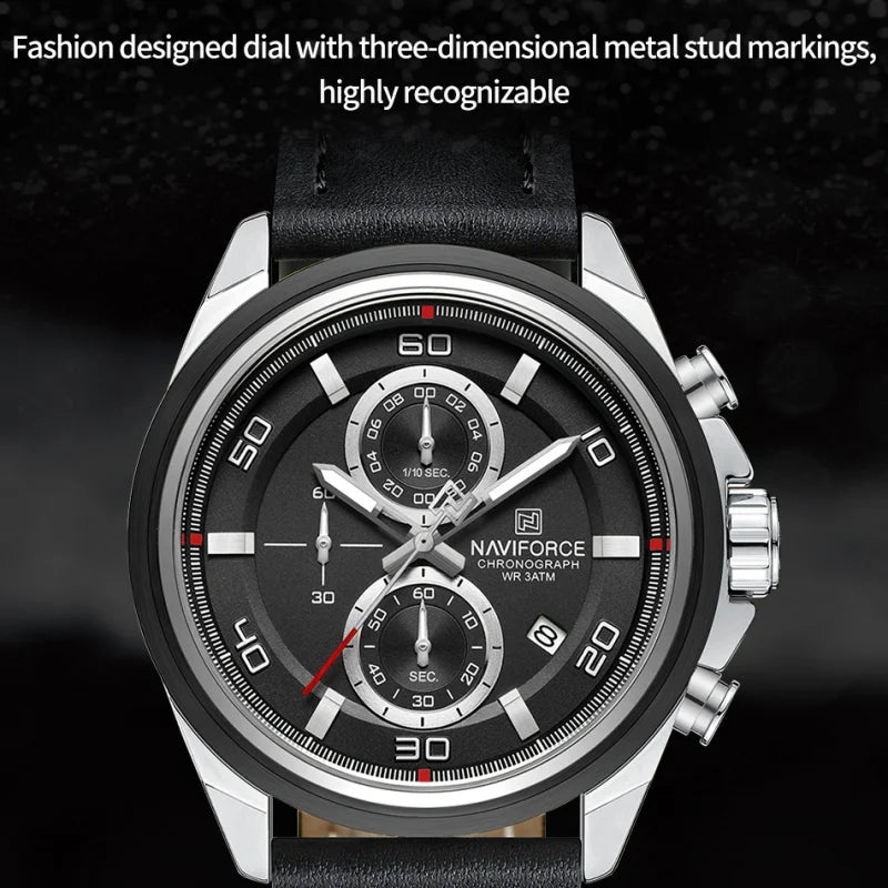 NAVIFORCE Men's Watch Quartz Chronograph Genuine Leather Strap Waterproof Luminous Hand Male Fashion Design Wristwatch Gifts Box