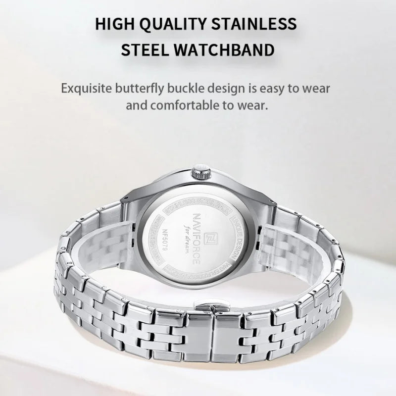 NAVIFORCE Luxury Women Quartz Calendar Watch 30M Waterproof Luminous Steel Strap Female Casual Girls Fashion Wristwatch Gift Box