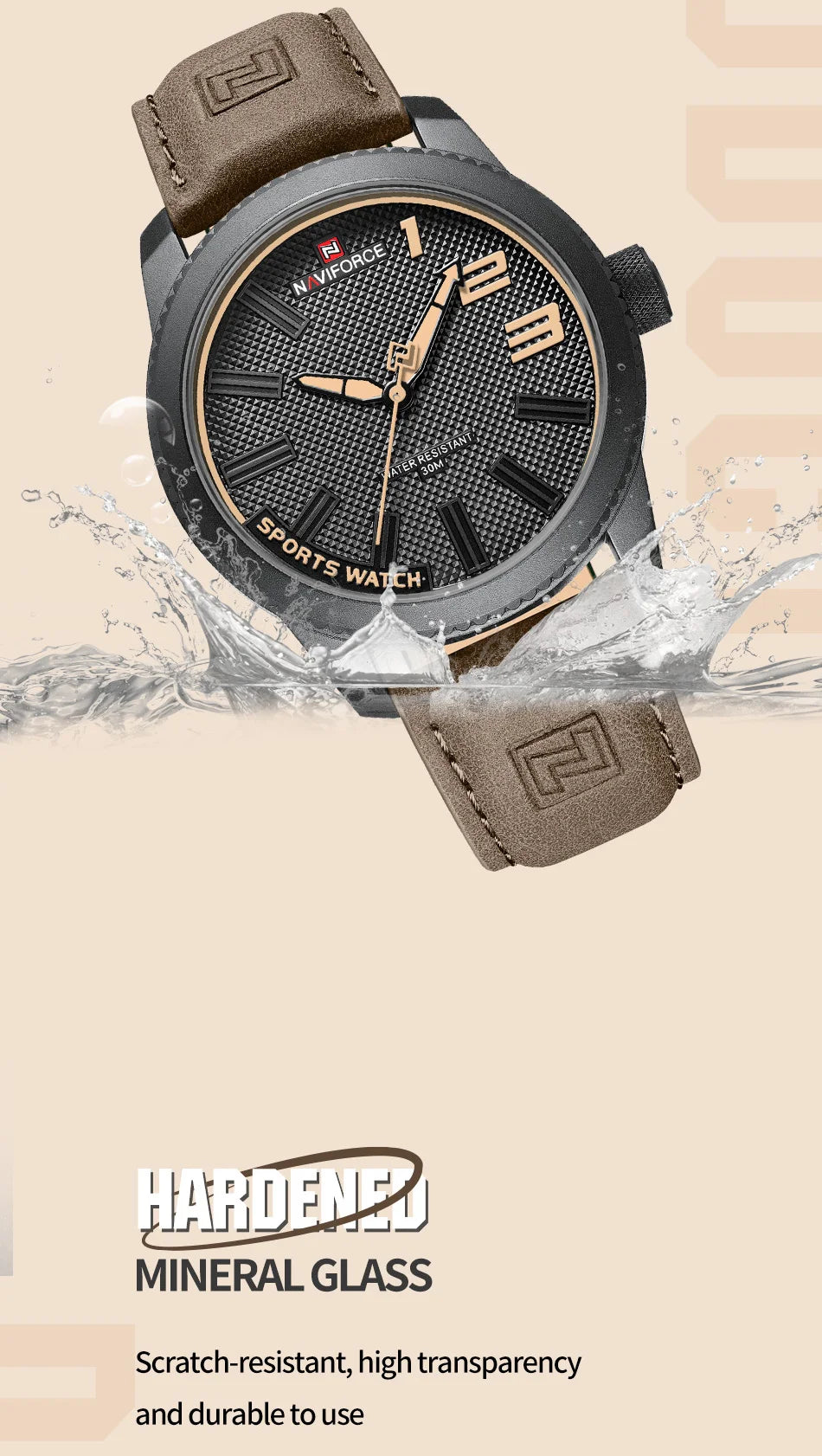 NAVIFORCE Man's Simple Fashion Quartz Watch Waterproof Soft PU Strap Mature Male Outdoor Daily Wear Sports Wristwatch Gifts Box