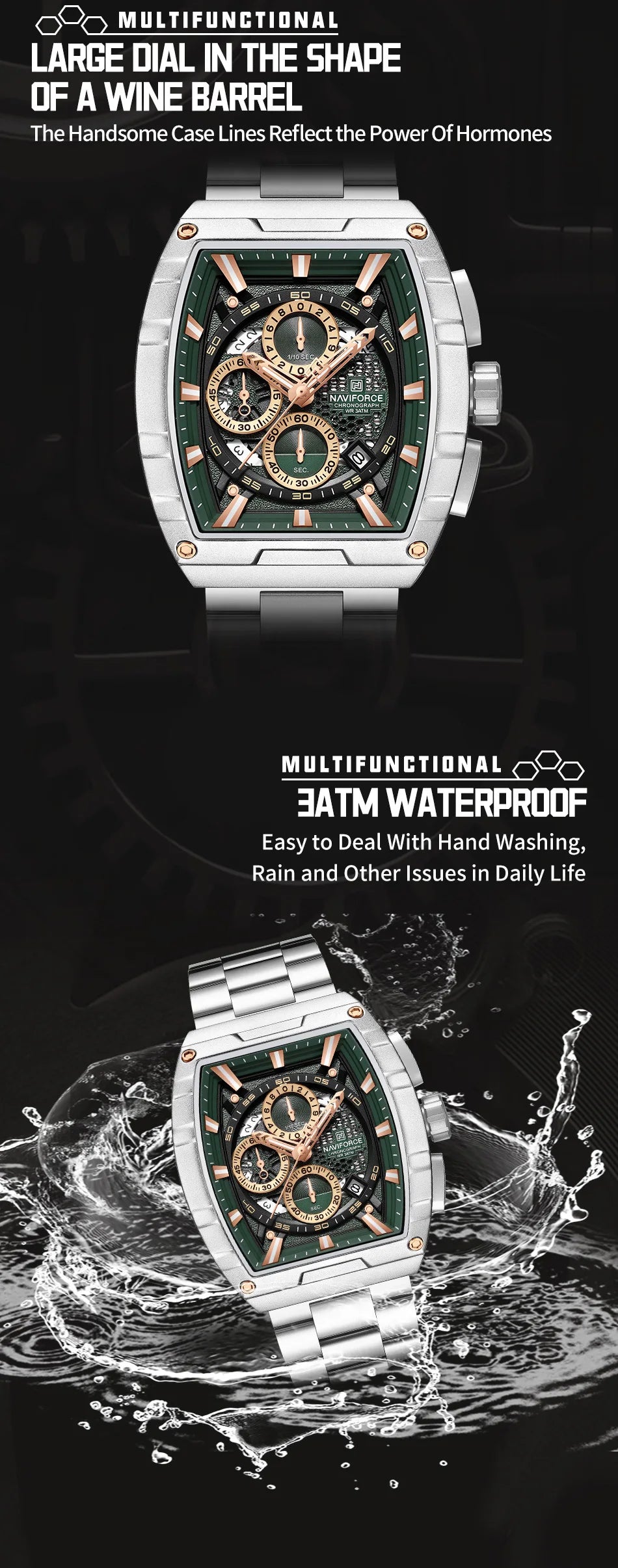 NAVIFORCE Quartz Watch for Men Fashion Waterproof Luminous Chronograph Wristwatch Auto Date Stainless Steel Strap Clock Gift