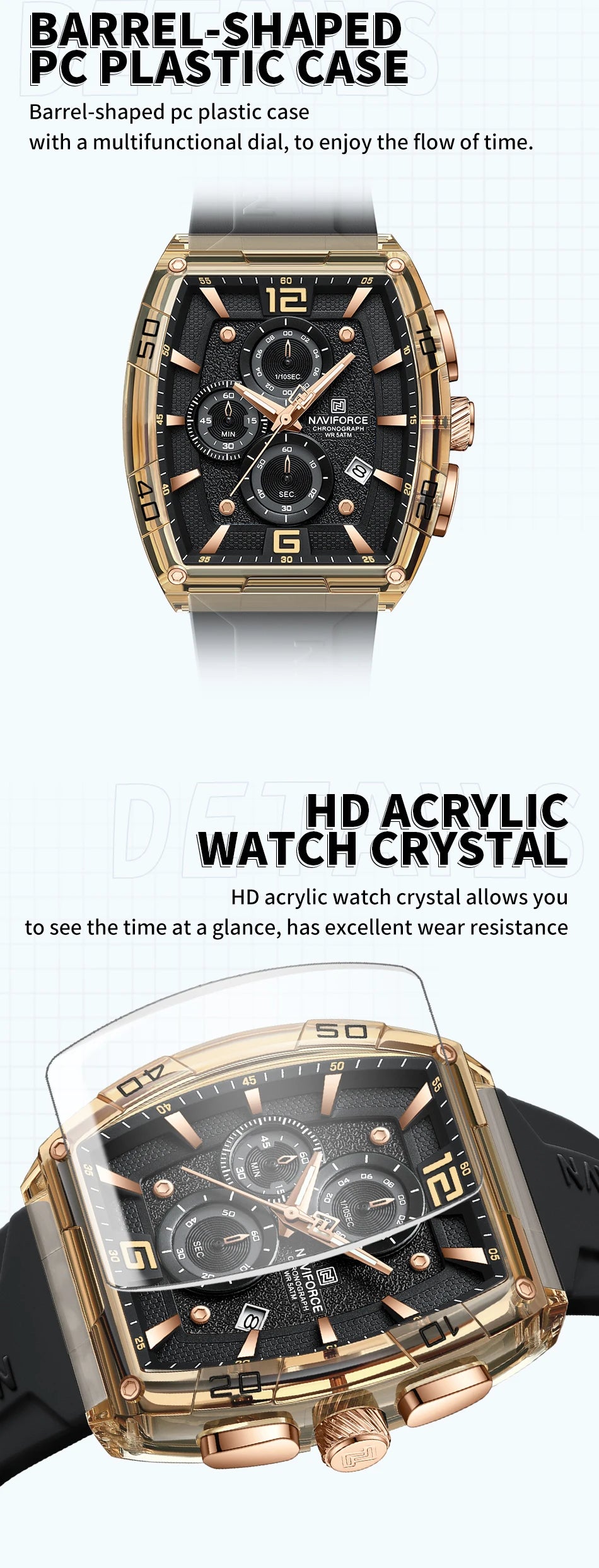 NAVIFORCE Luxury Men's Watch Quartz Chronograph 5ATM Waterproof Luminous Hand Soft Silicone Strap Male Fashion Sports Wristwatch