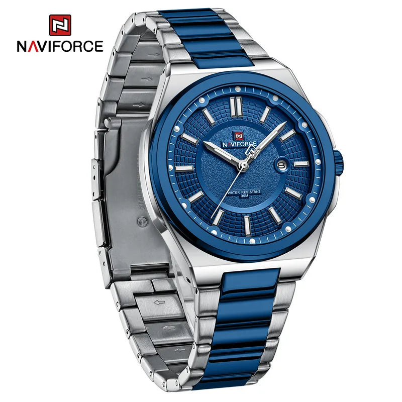 NAVIFORCE Men's Watch Stainless Steel Strap Military Casual Business Quartz Waterproof Calendar Clock with Gift Box