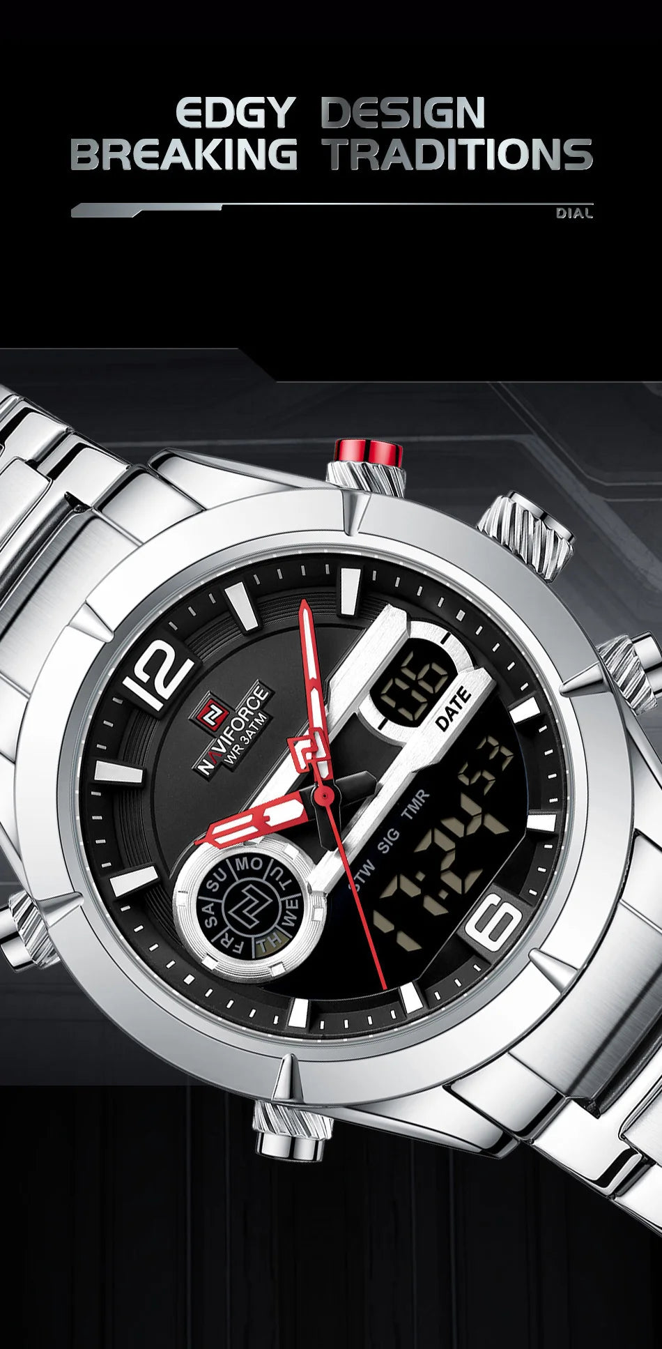 NAVIFORCE Brand Luxury Watch For Men Waterproof Digital Sport Quartz Wristwatches Military Luminous Stainless Steel Strap Clock