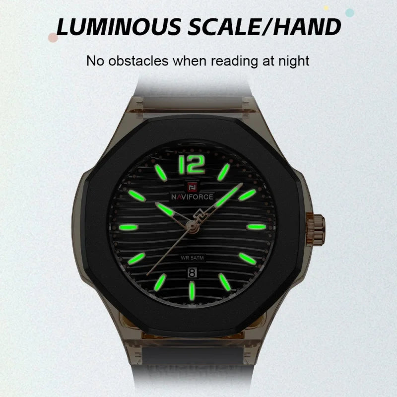 NAVIFORCE Fashion Watch for Women 5ATM Waterproof Silicone Strap Auto Date Display Night Illumination Ladies Elegant Watch Gift