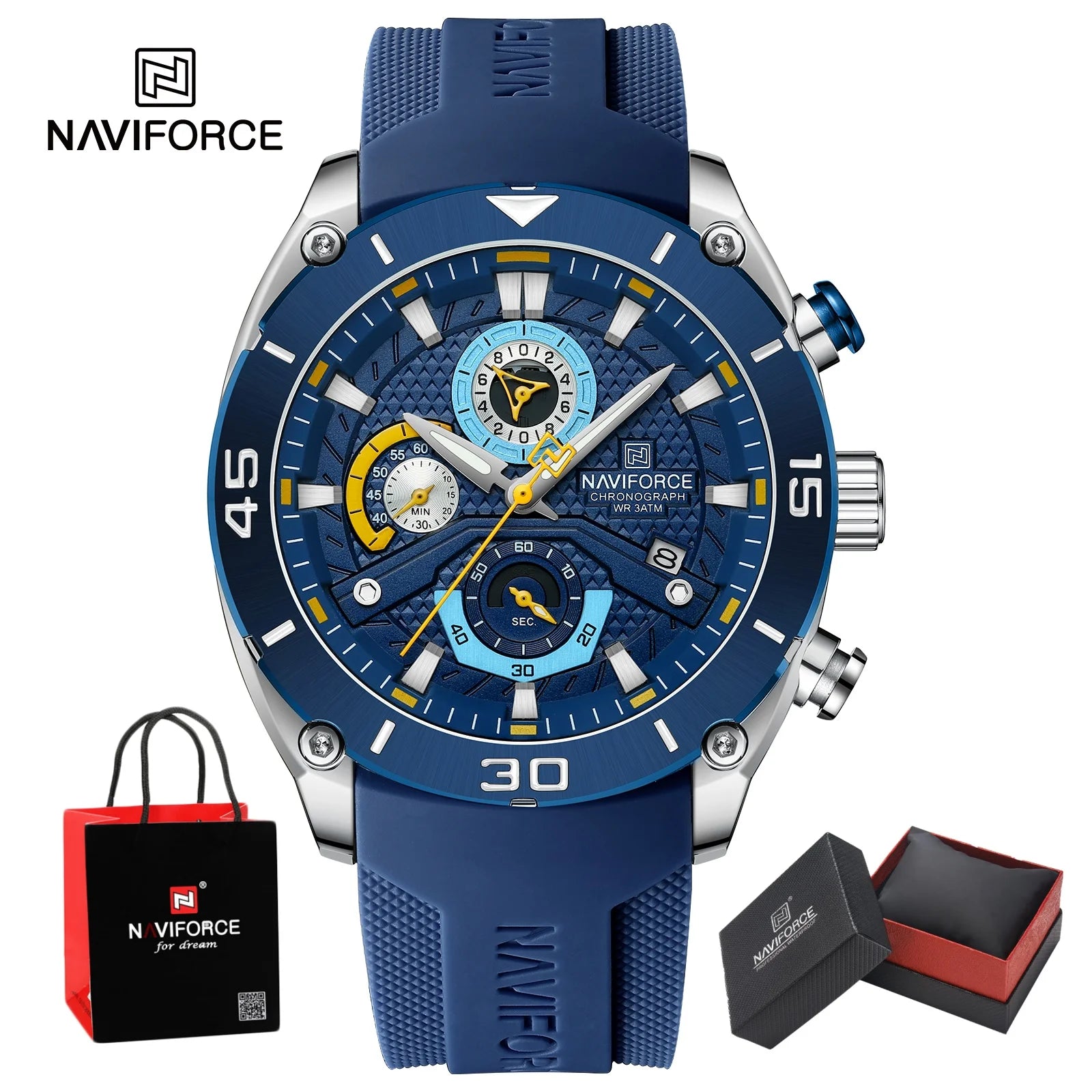 NAVIFORCE Man's Watch Quartz Chronograph 30M Waterproof Luminous Silicone Strap Trendy Sports Simple Wristwatch Gift Box for Men