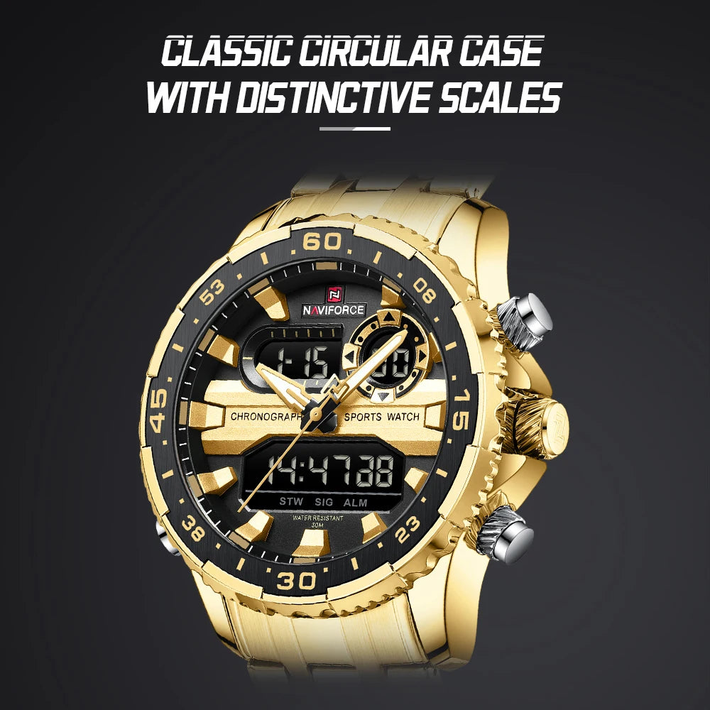 NAVIFORCE Men's Sports Alarm Watch Waterproof Chronograph Quartz Movement Steel Band Digital Date Week Display Wristwatches Gift
