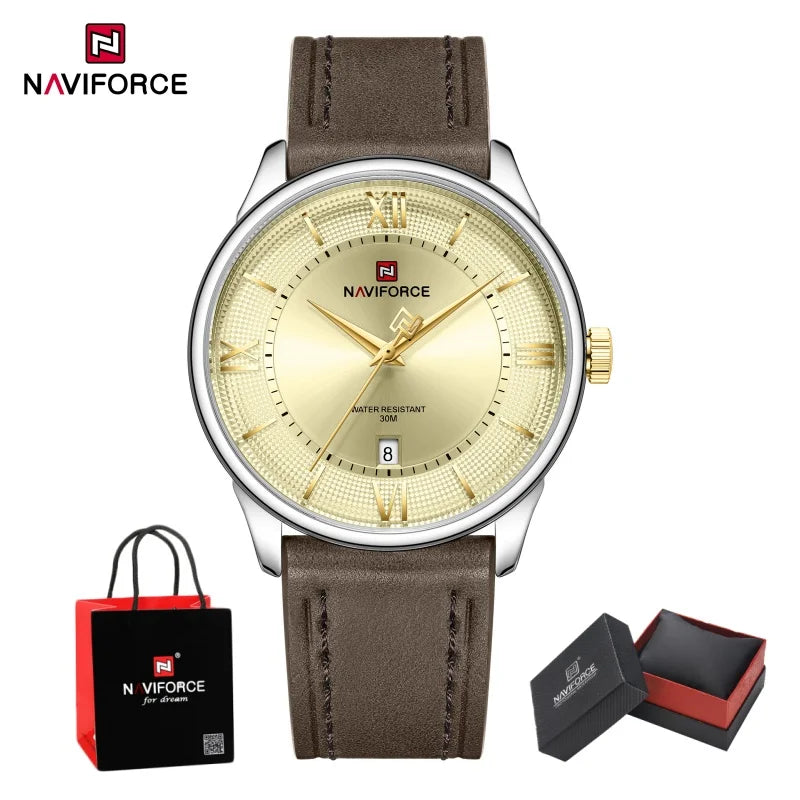 NAVIFORCE High Quality Men's Quartz Watch Date Display 3ATM Waterproof Leather Strap Male Fashionable Luxury Wristwatch Gift Box