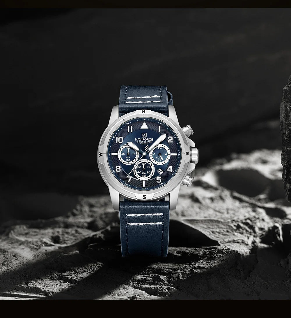 NAVIFORCE Men's Quartz Chronograph Wristwatch Multi Dial 24 Hour Clock Leather Band Modern Business Luxury Design Men Gift Watch