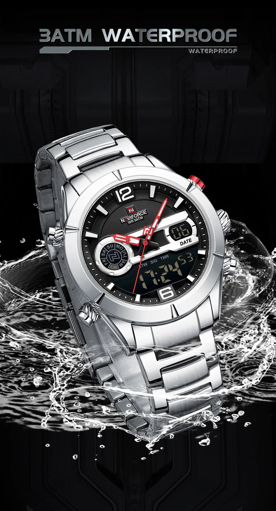 NAVIFORCE Men's Luxury Waterproof Digital Sport Watch Quartz Wristwatch Military Luminous Stainless Steel Strap Male gifts