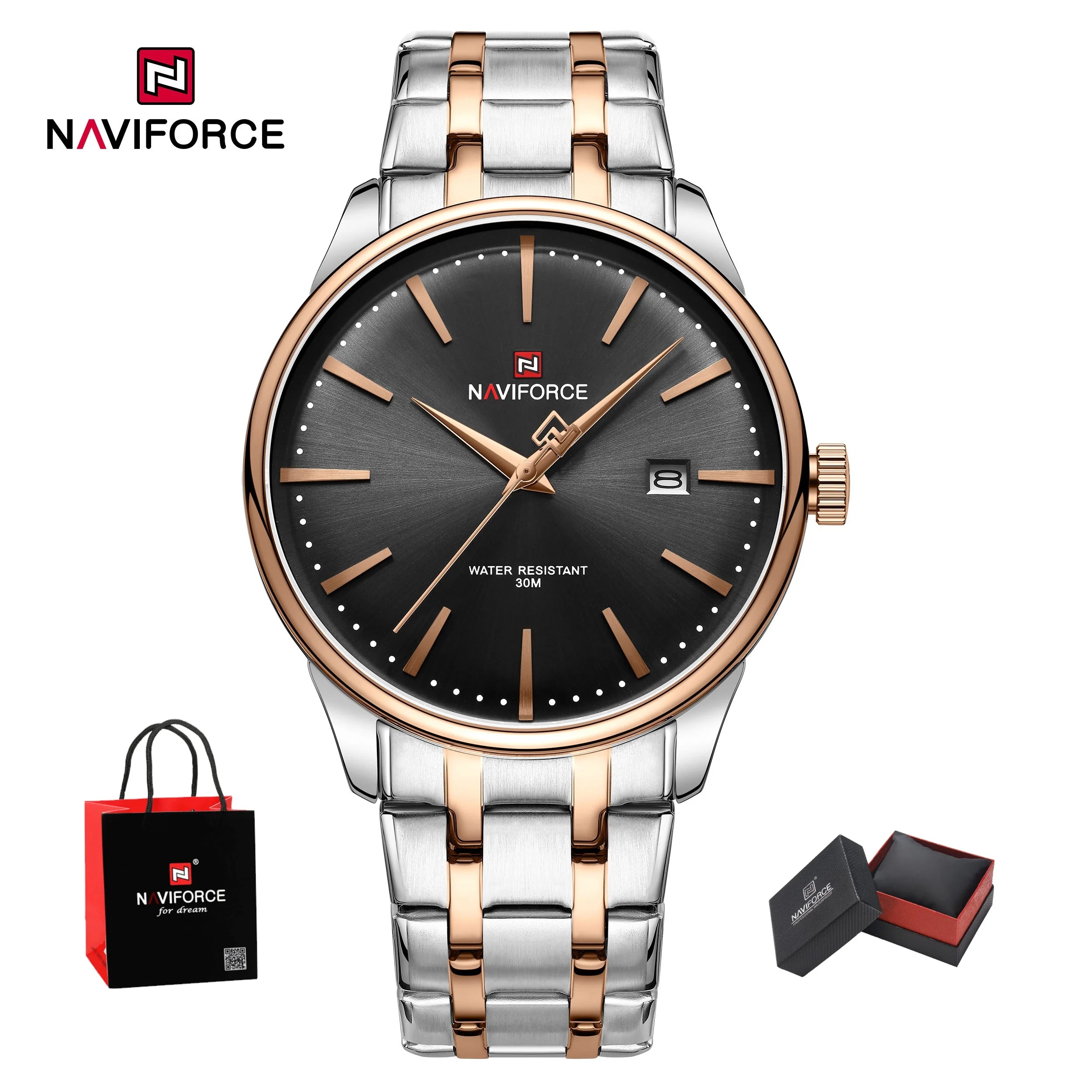 New NAVIFORCE Men's Fashion Business Stainless Steel Strap Quartz Wristwatches Calendar Watch Waterproof Relogio Masculino Gifts
