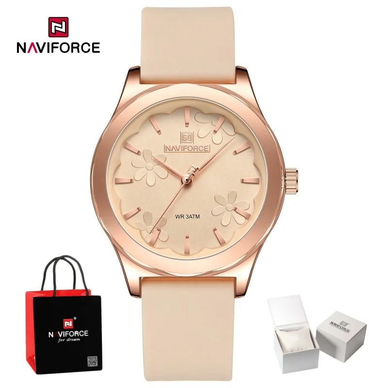 NAVIFORCE Women Simple Fashion Wristwatch Quartz 3ATM Waterproof Comfortable Silicone Strap Female Exquisite Wristwatch Gift Box